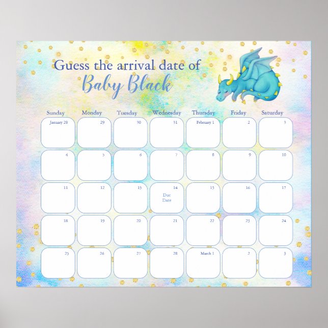 Blue Dragon Baby Shower Due Date Calendar Poster (Front)