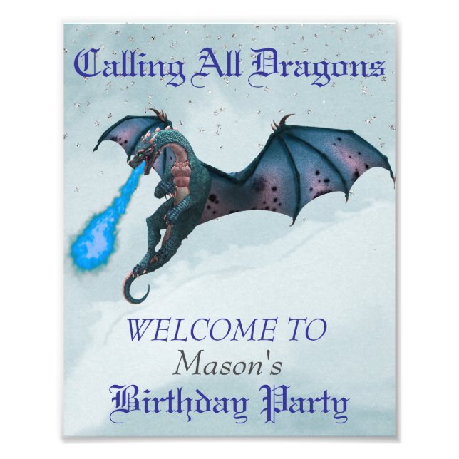 Blue Dragon Birthday party Welcome Photo Print (Front)