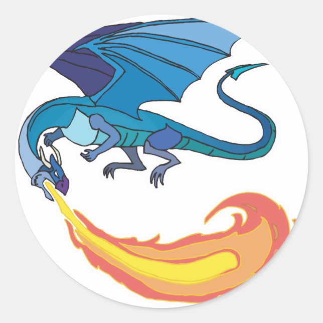 blue dragon breathing fire classic round sticker (Front)