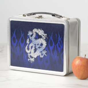 Blue Dragon Chrome like Carbon Fibre flames Metal Lunch Box