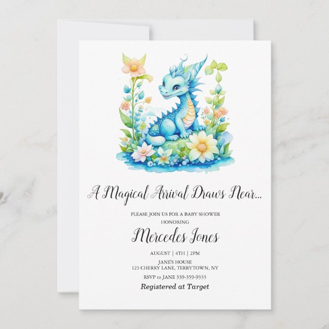 Blue Dragon Floral Magical Arrival Baby Shower  Invitation (Front)
