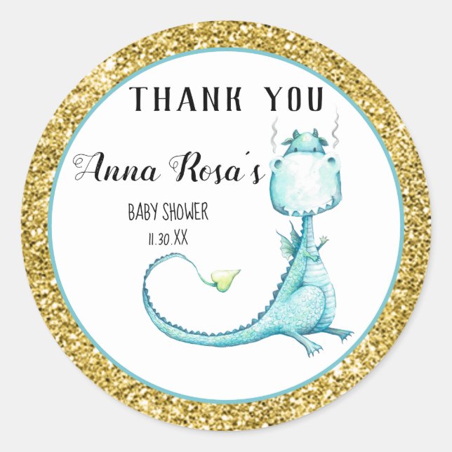 *~* Blue Dragon Glitter Baby Shower Thank You Classic Round Sticker (Front)