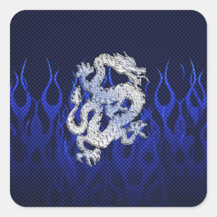 Blue Dragon in Chrome Carbon Fibre Styles Square Sticker