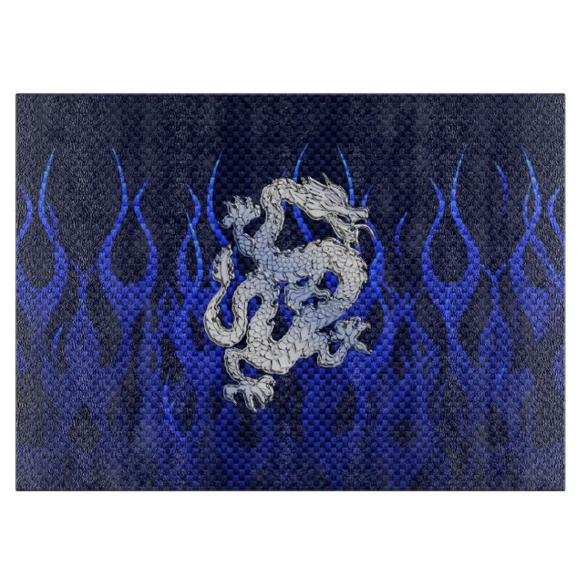 Blue Dragon in Chrome Carbon racing flames Cutting Board (Front)