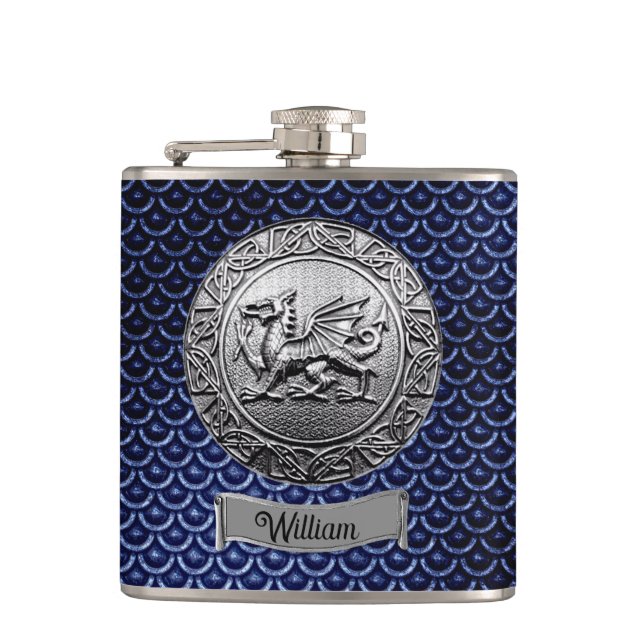 Blue Dragon Scale Metal Look  Hip Flask (Front)