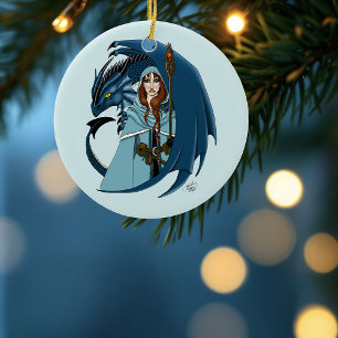 Blue Dragon Sorceress Snowflakes Ceramic Ornament