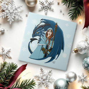 Blue Dragon Sorceress Snowflakes Ceramic Tile