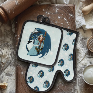  Blue Dragon Sorceress Snowflakes Oven Mitt & Pot Holder Set