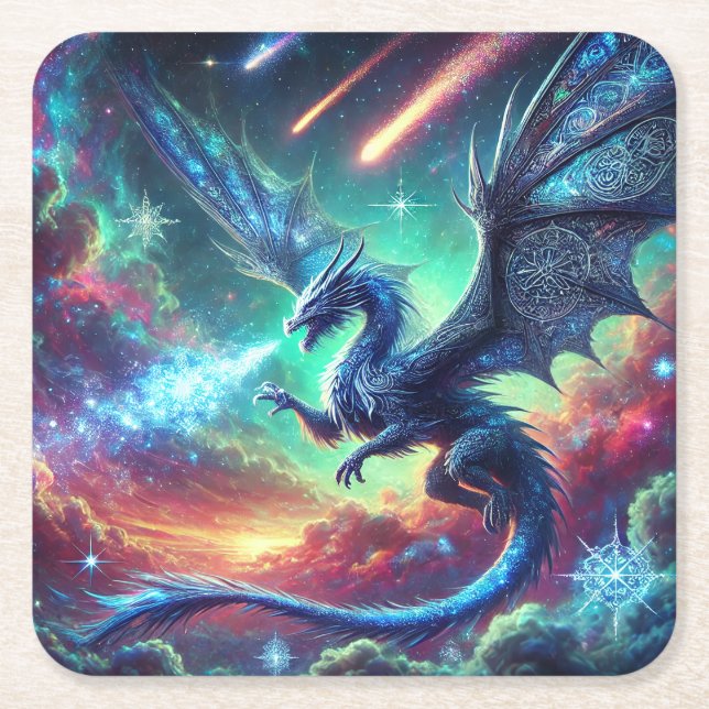 Blue Dragon Square Paper Coaster (Front)