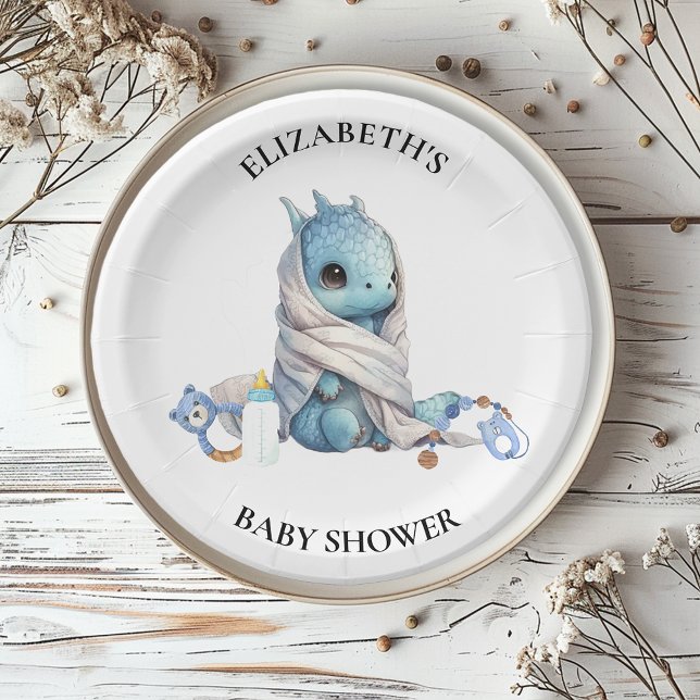 Blue  Dragon Watercolor Baby Shower  Paper Plate (Creator Uploaded)