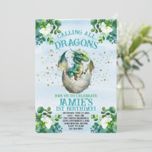 Blue Dragon Watercolor Birthday Invitations