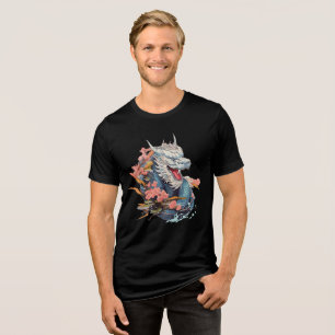 Blue Dragon with Cherry Blossoms Art Tri-Blend Shirt