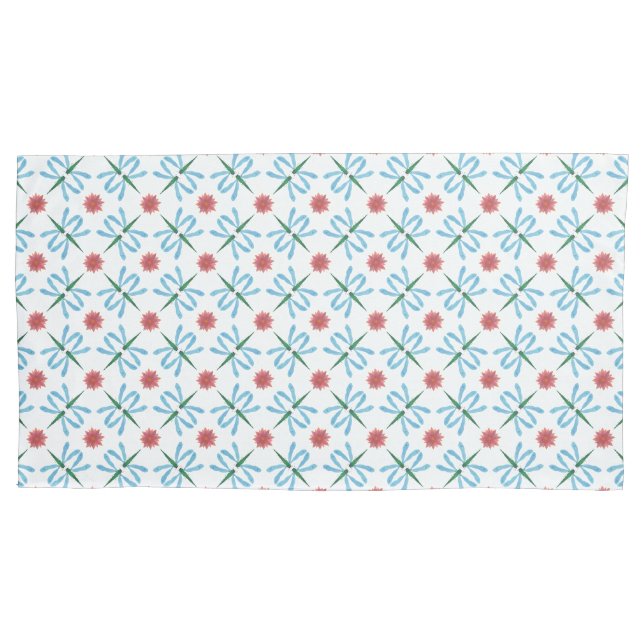 Blue Dragonflies, Pink Water Lilies on White Pillowcase (Front-Left)