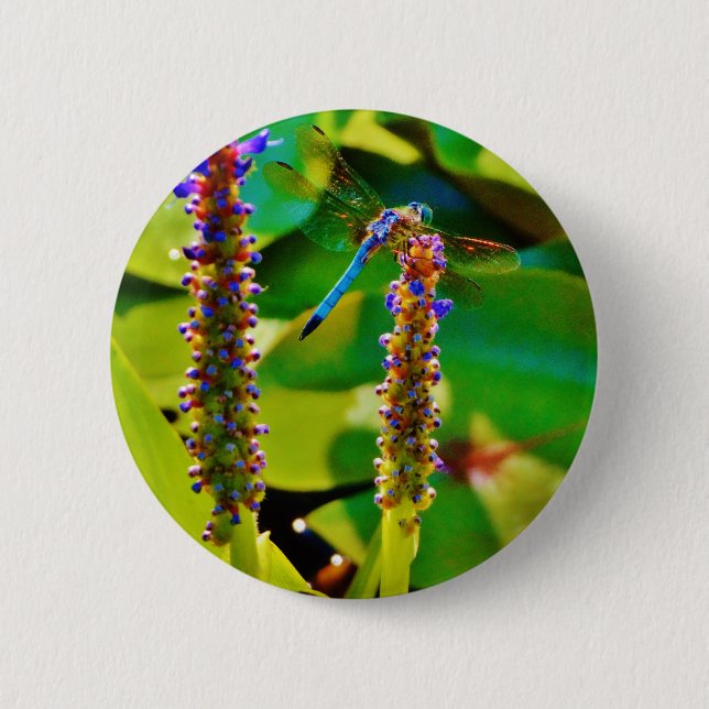 Blue Dragonfly and flowers 6 Cm Round Badge (Front)