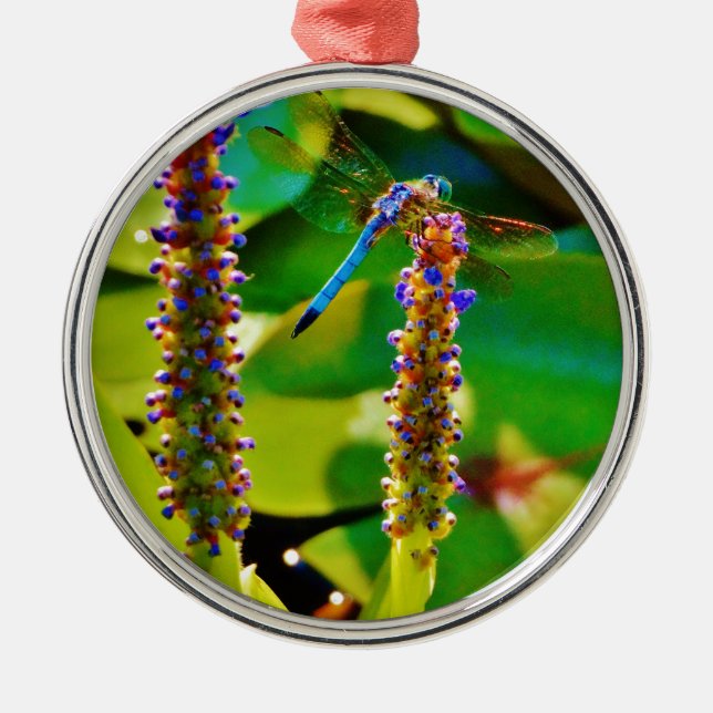 Blue Dragonfly and flowers Metal Ornament (Front)