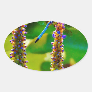 Blue Dragonfly and flowers Oval Sticker