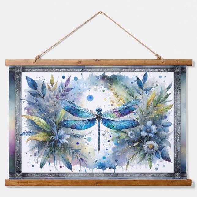 Blue Dragonfly Botanical Watercolor Hanging Tapestry (Front)