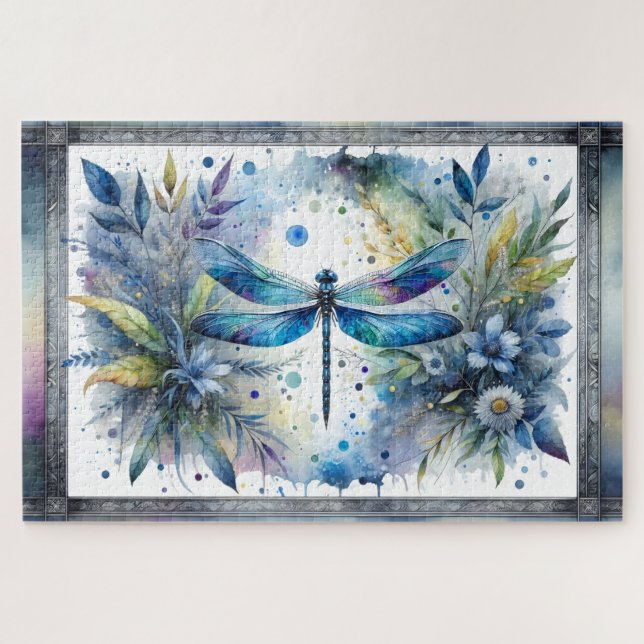 Blue Dragonfly Botanical Watercolor Jigsaw Puzzle (Horizontal)