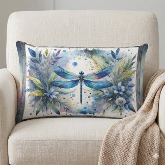Blue Dragonfly Botanical Watercolor Lumbar Cushion