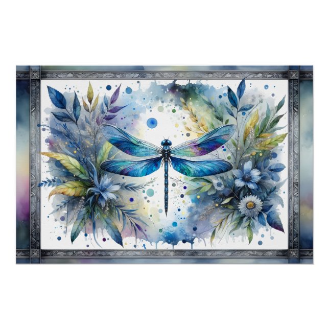 Blue Dragonfly Botanical Watercolor Poster (Front)