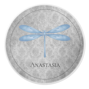Blue Dragonfly Damask Ceramic Knob