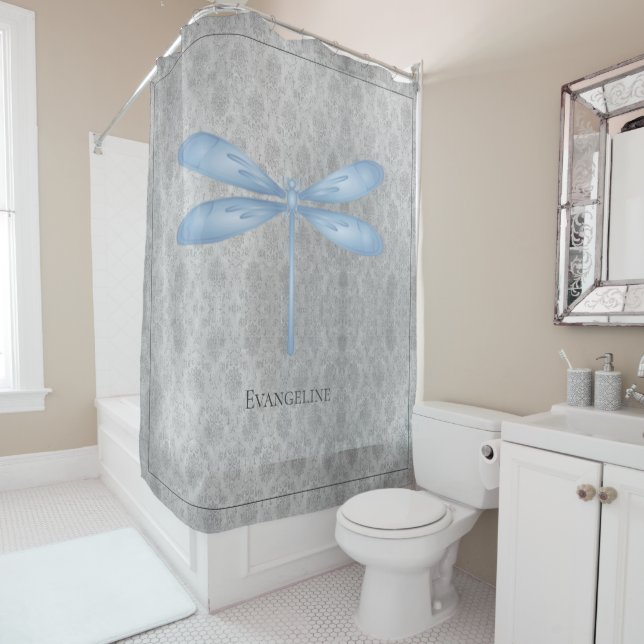 Blue Dragonfly Damask Shower Curtain (In Situ)