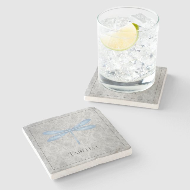 Blue Dragonfly Damask Stone Coaster (Side)