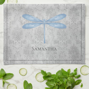 Blue Dragonfly Damask Tea Towel