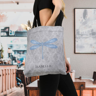 Blue Dragonfly Damask Tote Bag