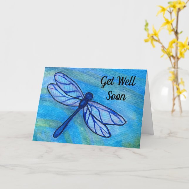 Blue Dragonfly Get Well Soon Card (Yellow Flower)