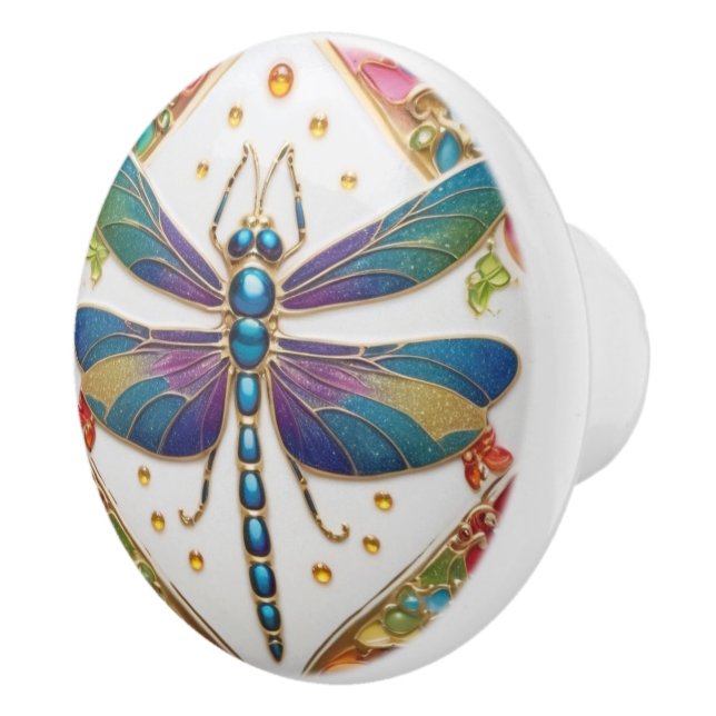 Blue Dragonfly - Multicolored Rainbow Colourful Ceramic Knob (Right)
