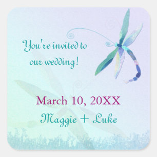 Blue Dragonfly Ombre Wedding Save the Date Square Sticker