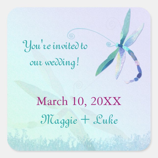 Blue Dragonfly Ombre Wedding Save the Date Square Sticker (Front)