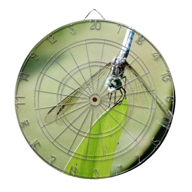 Blue Dragonfly on a green leaf Dartboard (Front)
