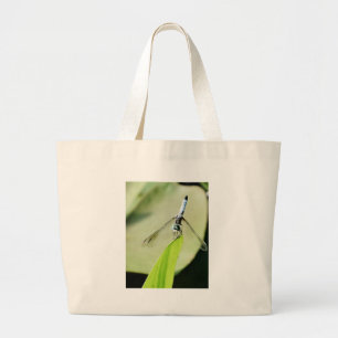 Blue Dragonfly on a green leaf Large Tote Bag