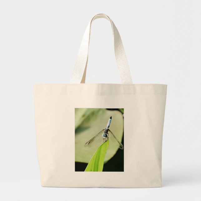 Blue Dragonfly on a green leaf Large Tote Bag (Front)