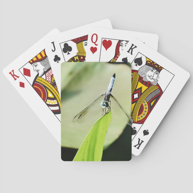 Blue Dragonfly on a green leaf Playing Cards (Back)