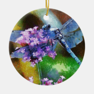 Blue Dragonfly on Wild Garlic Ceramic Ornament