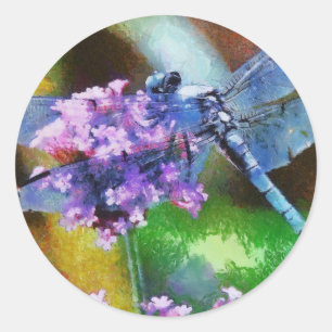 Blue Dragonfly on Wild Garlic Dot Art Classic Round Sticker