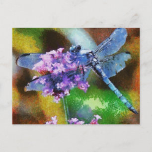Blue Dragonfly on Wild Garlic Dot Art Postcard