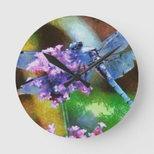 Blue Dragonfly on Wild Garlic Dot Art Round Clock