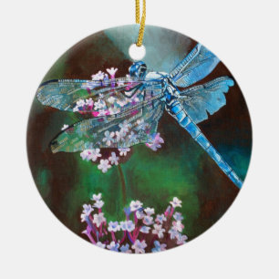 Blue Dragonfly Resting On Wild Garlic Ceramic Tree Decoration