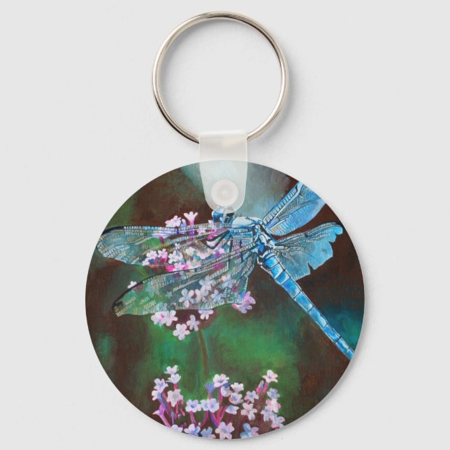 Blue Dragonfly Resting On Wild Garlic Key Ring (Front)