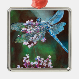 Blue Dragonfly Resting On Wild Garlic Metal Tree Decoration