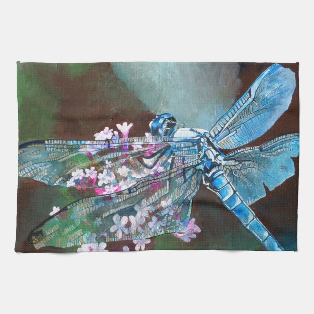 Blue Dragonfly Resting On Wild Garlic Tea Towel (Horizontal)