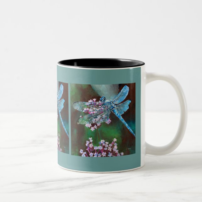 Blue Dragonfly Resting On Wild Garlic Two-Tone Coffee Mug (Right)