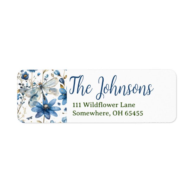 Blue Dragonfly Return Address Labels Floral (Front)