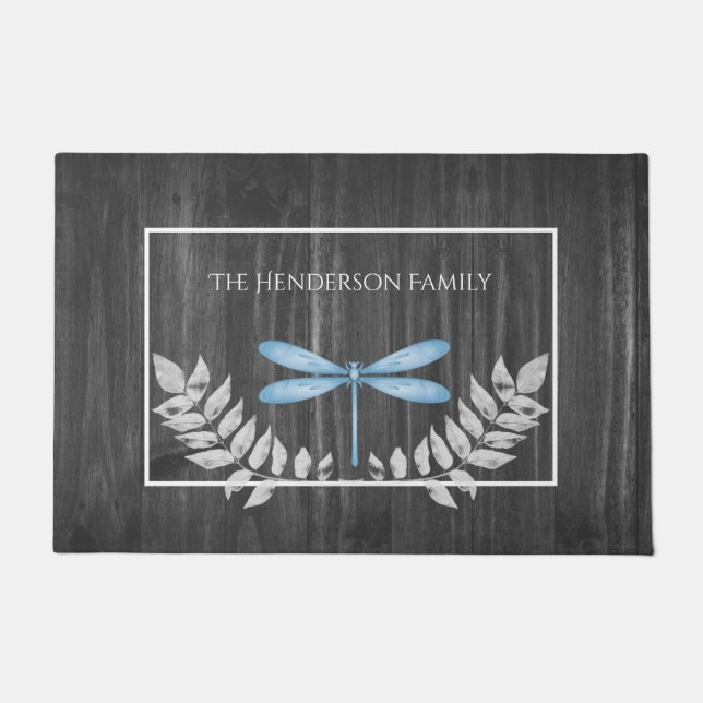 Blue Dragonfly Rustic Personalised Doormat (Front)