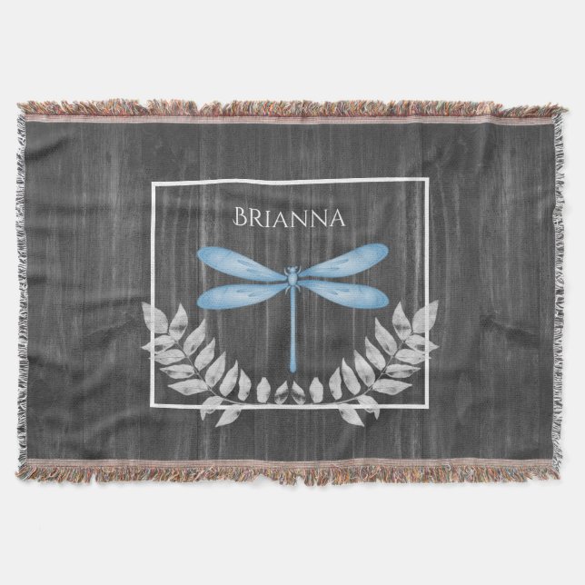 Blue Dragonfly Rustic Personalised  Throw Blanket (Front)