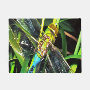 Blue Dragonfly Shimmering Wings Painting Doormat